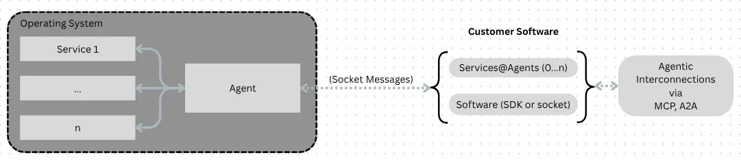 Actor architecture: operating system with services connecting to an Actor via socket messages